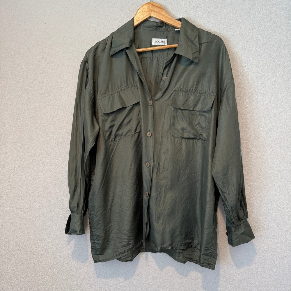 Bogari Womens Olive Green 100% Silk Button Down Long Sleeve Blouse Size Medium